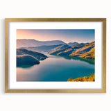 Extra large abstract art print featuring textured scenery of Albania in muted earth tones, framed in gold.