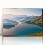 Art Deco style poster of a scenic European landscape in Albania, framed in gold acrylic, suitable for modern art wall decor.