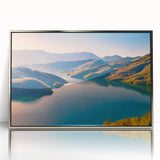 Large acrylic print of a European scenery in Albania, featuring mid-century modernist art with muted earth tones.