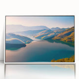 Framed acrylic print of a mid-century modernist European landscape in muted colors, suitable for nursery wall art.