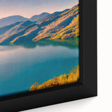 Extra large framed canvas featuring a textured depiction of a European Albanian scenery in black with colorful art accents.