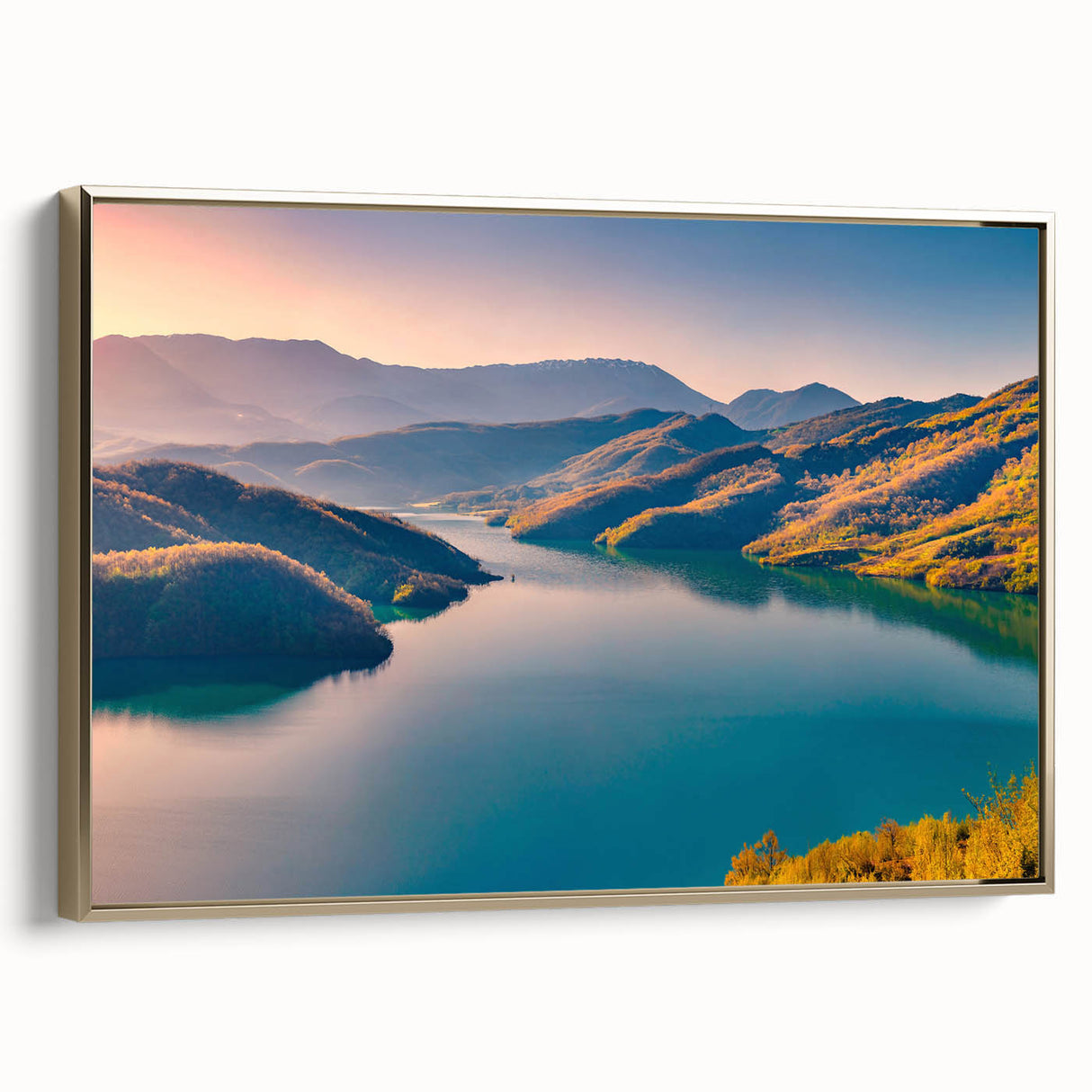 Framed canvas depicting a vintage-style landscape painting of an Albanian scenery in muted gold and black tones.