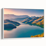 Vintage poster art of a European scenery in Albania, featuring vibrant colors on a large framed canvas.