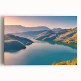 Black and white stretched canvas depicting a scenic Albanian landscape, ideal for kitchen wall art or bedroom ambiance.