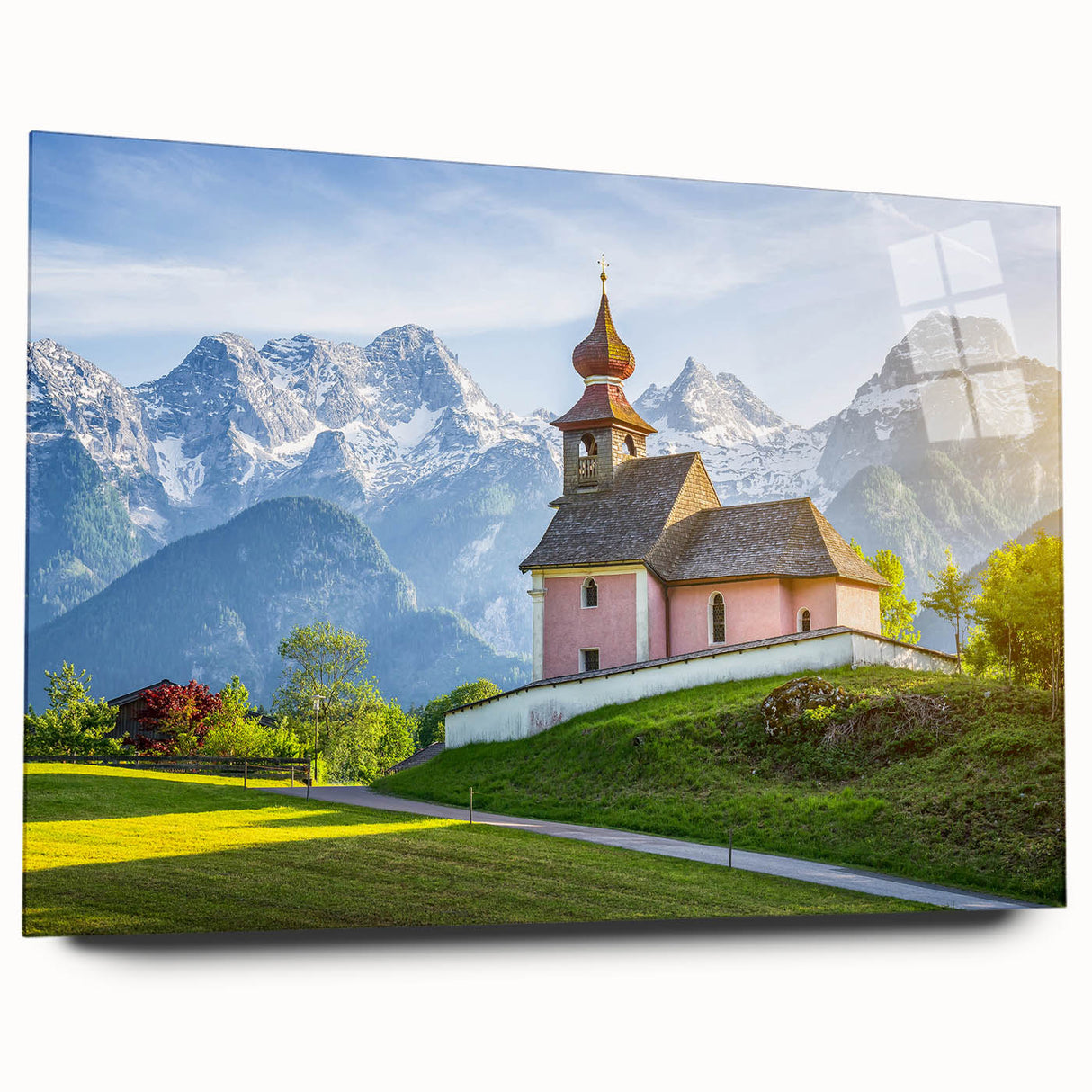 Acrylic print of a European landscape in muted green and blue tones, ideal for bedroom or dining room art.