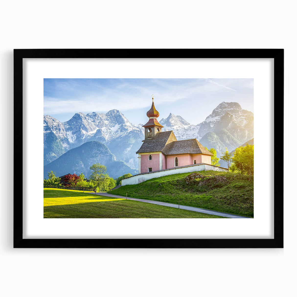 Extra large framed wall art depicting an abstract, colorful Austrian landscape, with textured details.