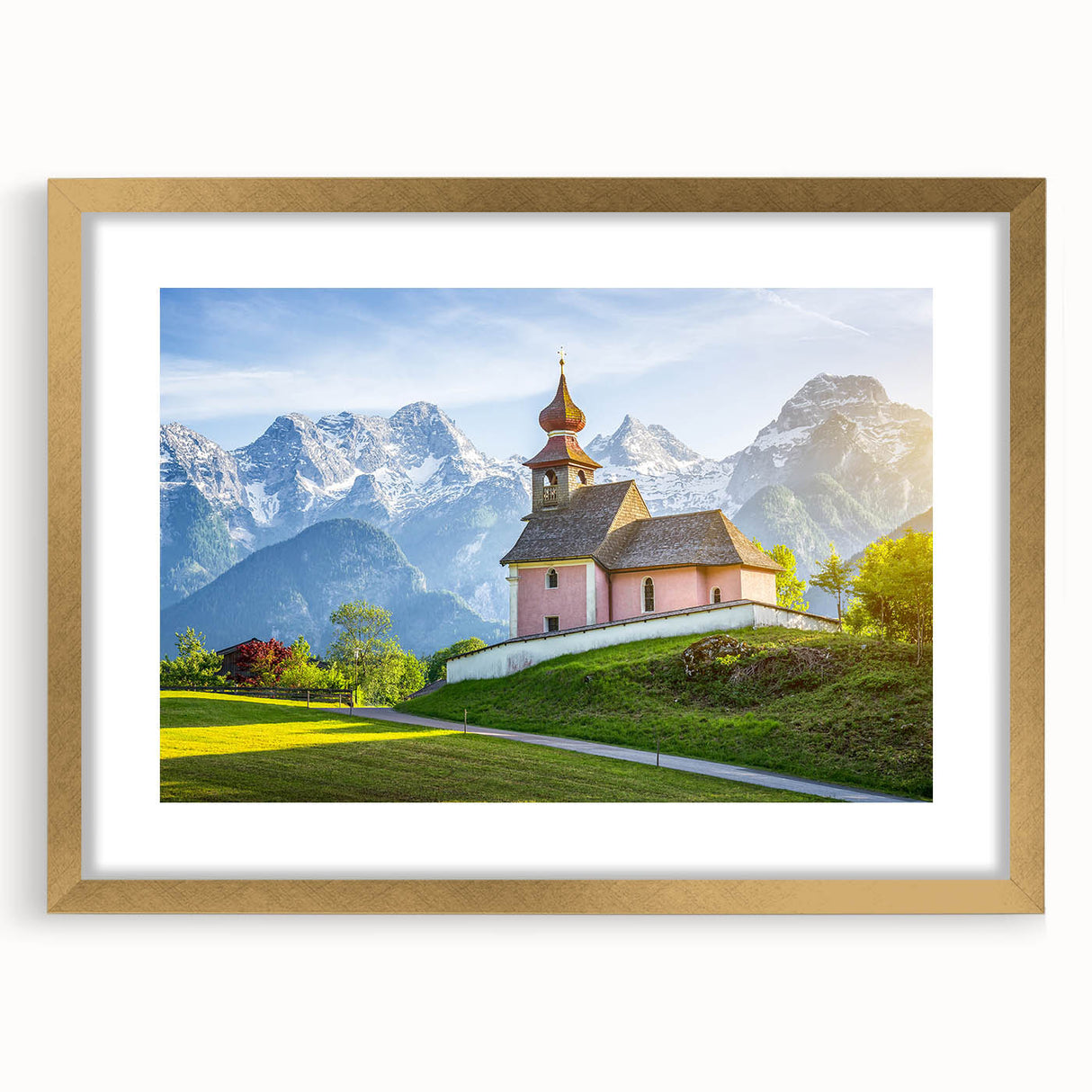 Abstract art print depicting a European landscape in muted earth tones, framed in gold, ideal for dining room decor.