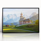 Large abstract wall art depicting a European Austrian scenery in muted earth tones on a framed acrylic.