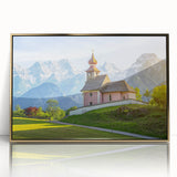 Art deco poster featuring a serene Austrian landscape in muted green and gold tones, acrylic print framed in gold.