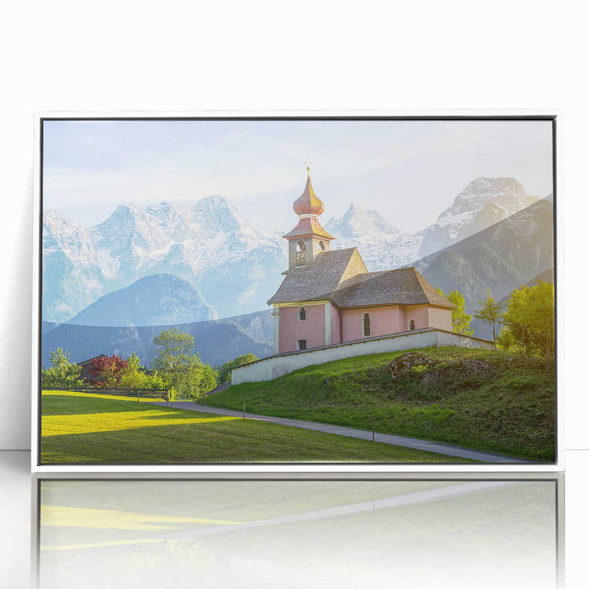 Mid-century modernist art depicting a serene Austrian landscape in muted earth tones, framed acrylic.