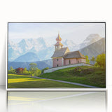 Mid-century modernist art depicting a serene Austrian landscape in muted earth tones, framed acrylic.