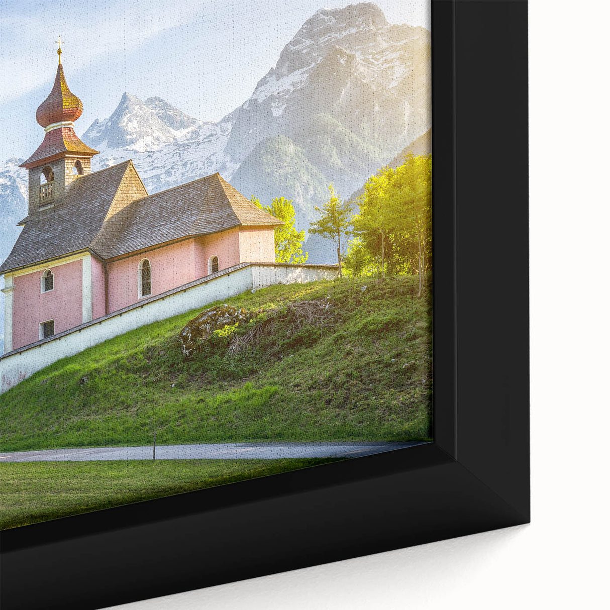 Extra large framed canvas featuring a textured depiction of a European scenery in black with colorful accents.