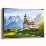 Framed canvas depicting a vintage-style landscape of the Austrian countryside, with a palette of muted greens and browns.