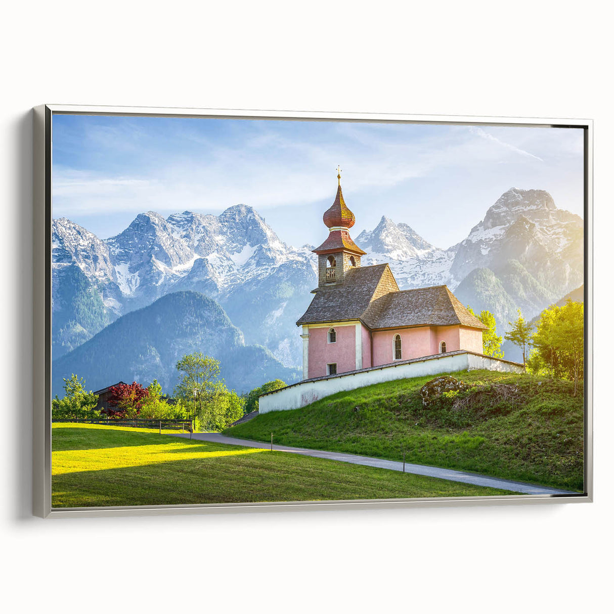Framed canvas landscape art painting featuring a colorful Austrian scenery, ideal for living room decor.