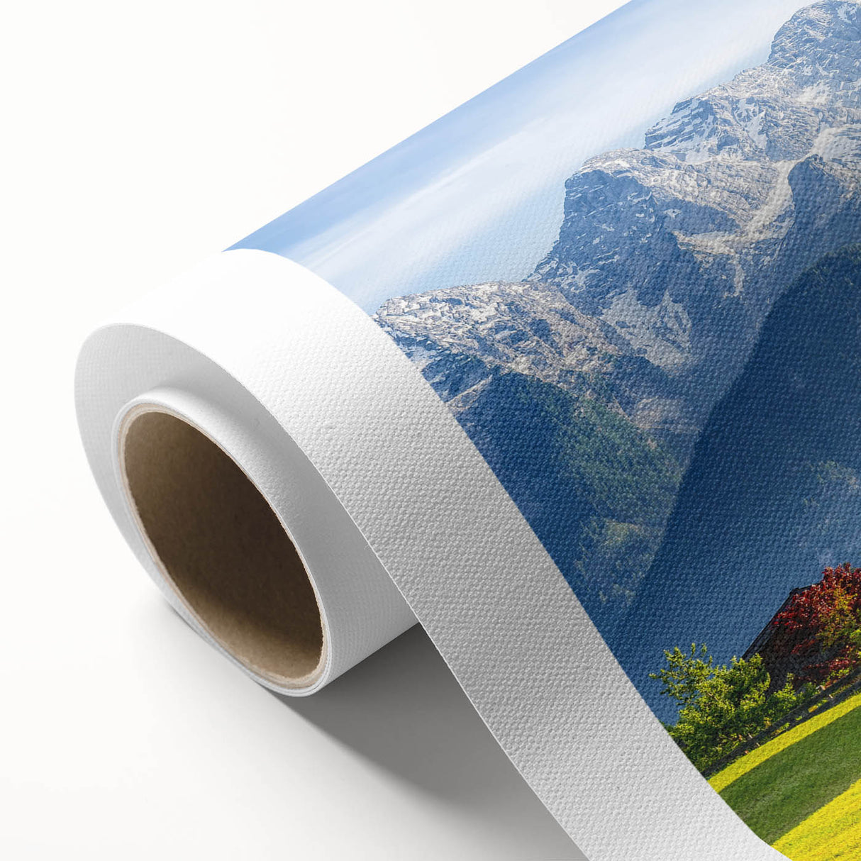 Art Deco poster of an Austrian landscape in muted greens and blues on rolled canvas.
