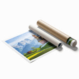 Extra large rolled print of Austrian scenery with floral elements, muted earth tones, ideal for classy bathroom wall art.