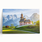 Black and white image of an Austrian landscape on a large stretched canvas, suitable for kitchen art.