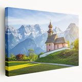 Panoramic view of an Austrian landscape on stretched canvas, with muted earth tones, ideal for kitchen wall art.