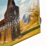 Large abstract wall art of a European scenery in muted earth tones, acrylic glass format, ideal for dining room art.