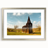 Extra large abstract art print of a European scenery in textured silver frame, ideal for living room decor.