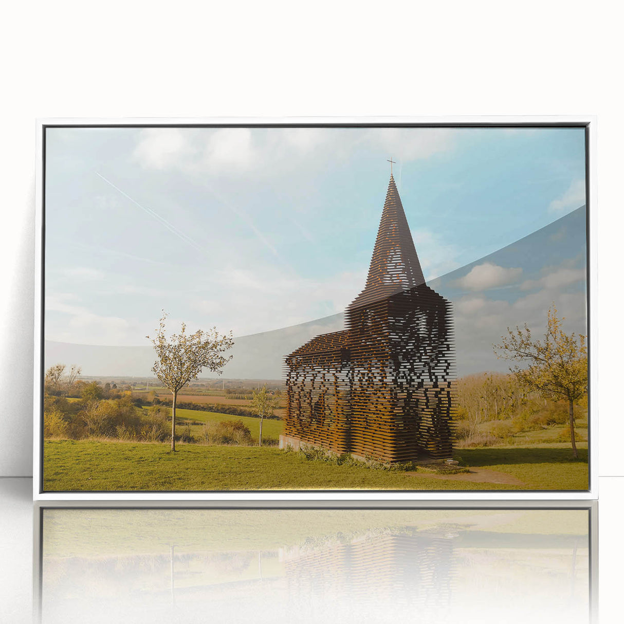 Mid-century modernist art of a European cityscape in muted colors on a framed acrylic, ideal for nursery wall decor.
