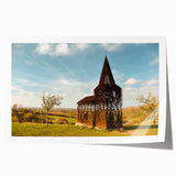 Rolled print of a European Belgian scenery in muted green and brown tones, suitable for dining room wall art.