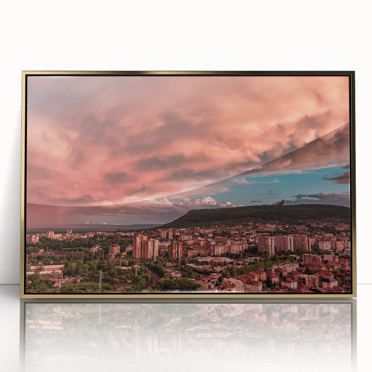 Art deco poster depicting a scenic European landscape in muted gold and green tones, framed acrylic.