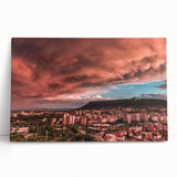 Large black and white photo of European scenery on stretched canvas, suitable as kitchen wall art.