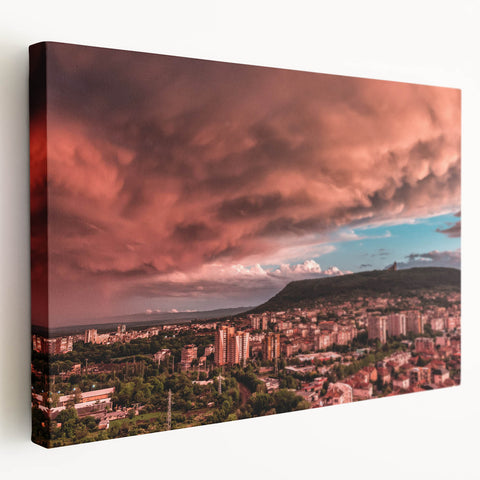 Large art depicting a European Bulgarian landscape in muted earth tones on stretched canvas, ideal for kitchen wall decor.