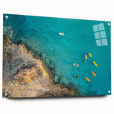 Acrylic print of a European Cyprus landscape in muted earth tones, ideal for dining room decor.
