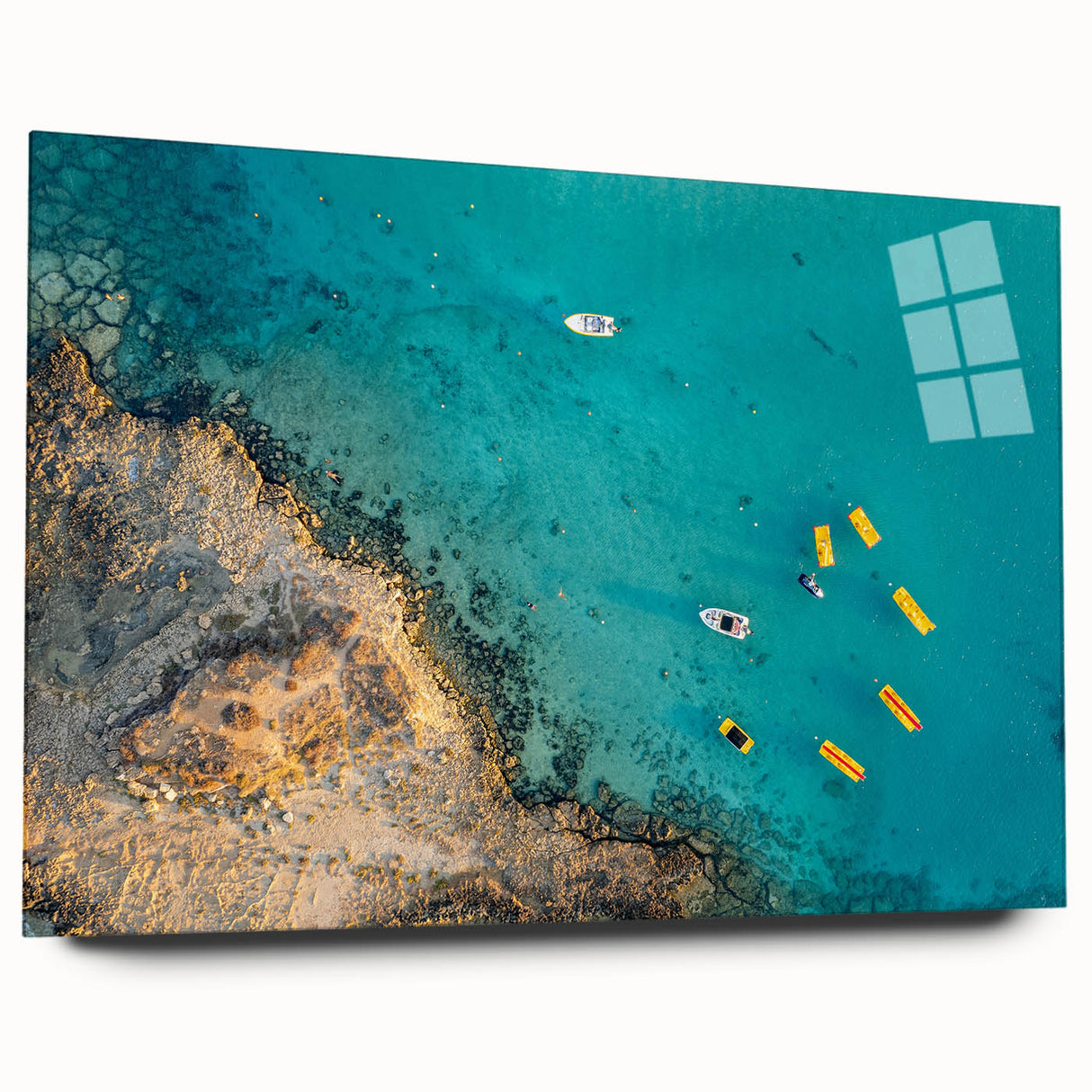 Large abstract wall art of a European Cyprus scenery in vibrant green and blue tones on acrylic glass.
