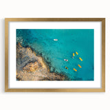 Abstract art print of a European Cyprus landscape in muted earth tones, framed in gold, suitable for dining room decor.