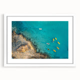 Textured abstract art print of a European Cyprus scenery in muted earth tones, framed with a white mat.