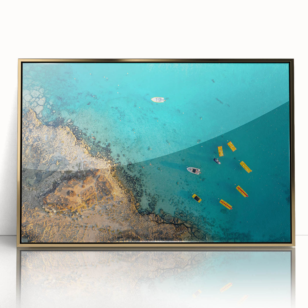 Art Deco style poster depicting a European Cyprus landscape in muted gold tones, framed acrylic.