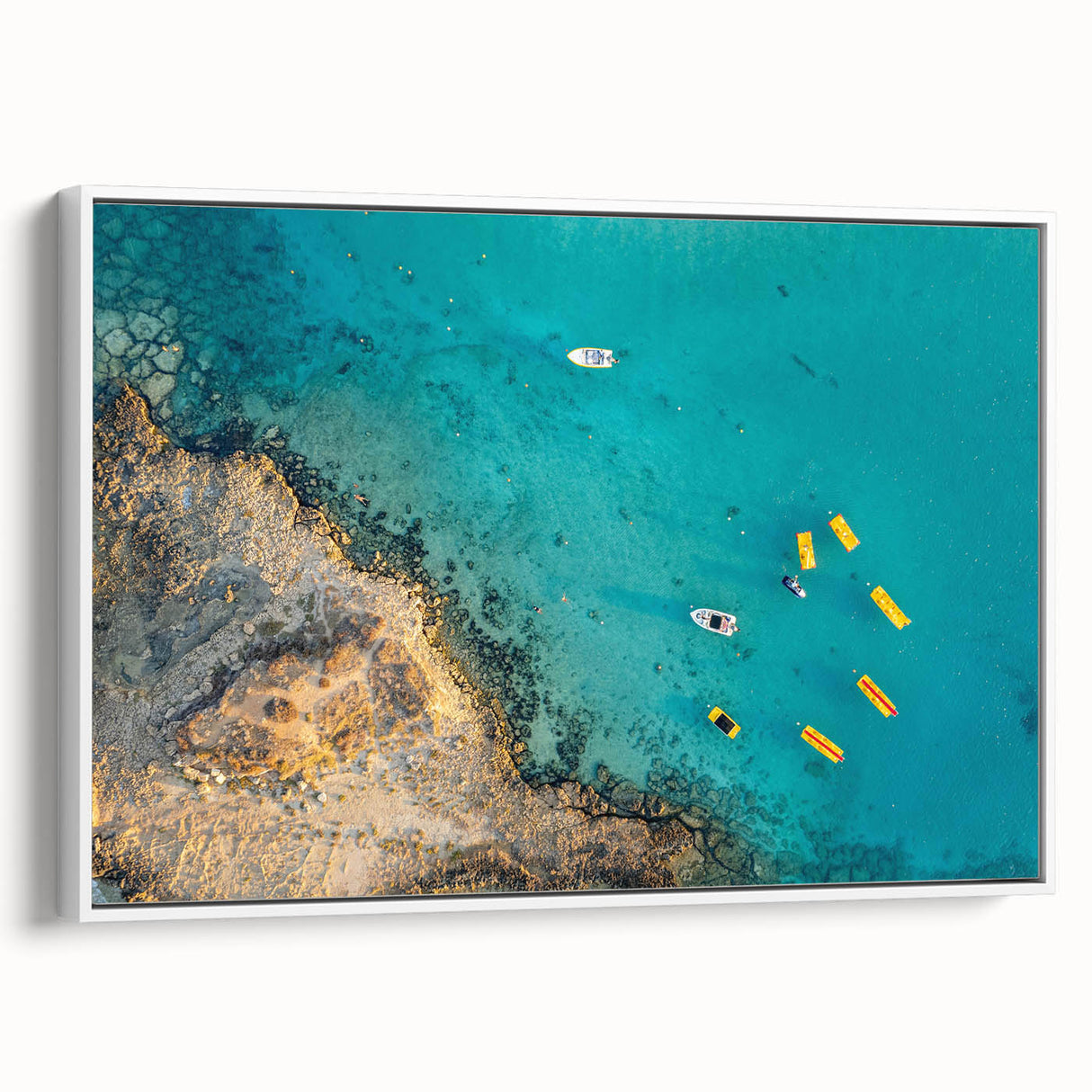 Vintage poster art of a European Cyprus landscape in vibrant colors on a large framed canvas, ideal for living room decor.