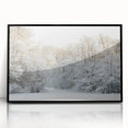 Large abstract wall art of a European Denmark scenery in muted gray and blue tones, framed in black acrylic.