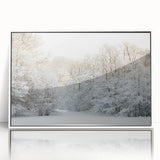 Mid-century modernist art depicting a serene European Denmark scenery in muted earth tones, framed acrylic.