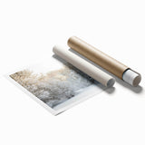 Extra large rolled print of a Danish landscape with soft floral elements in muted colors, ideal for classy bathroom wall art.