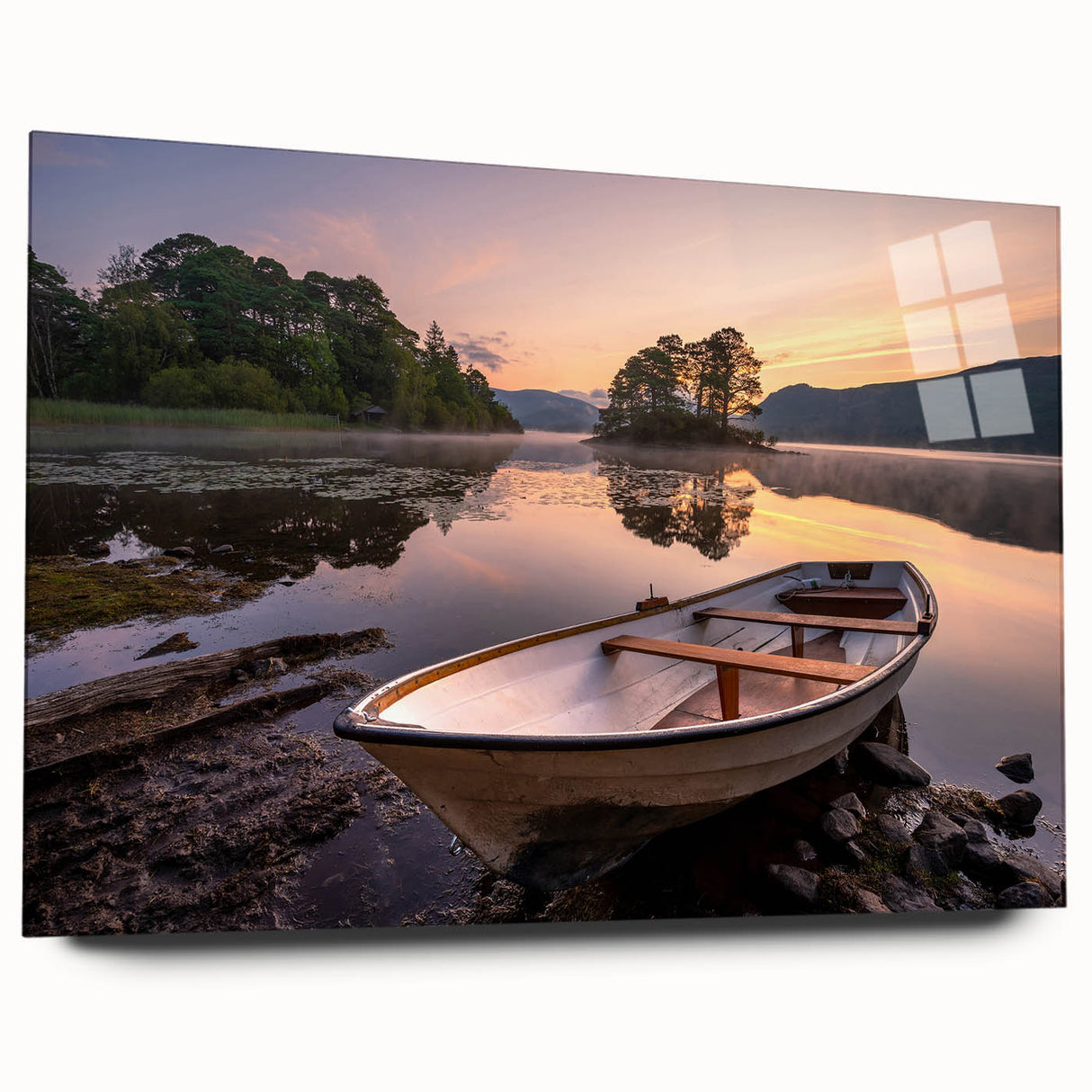 Large abstract wall art of Cumbria's landscape in muted green and blue tones on acrylic glass.