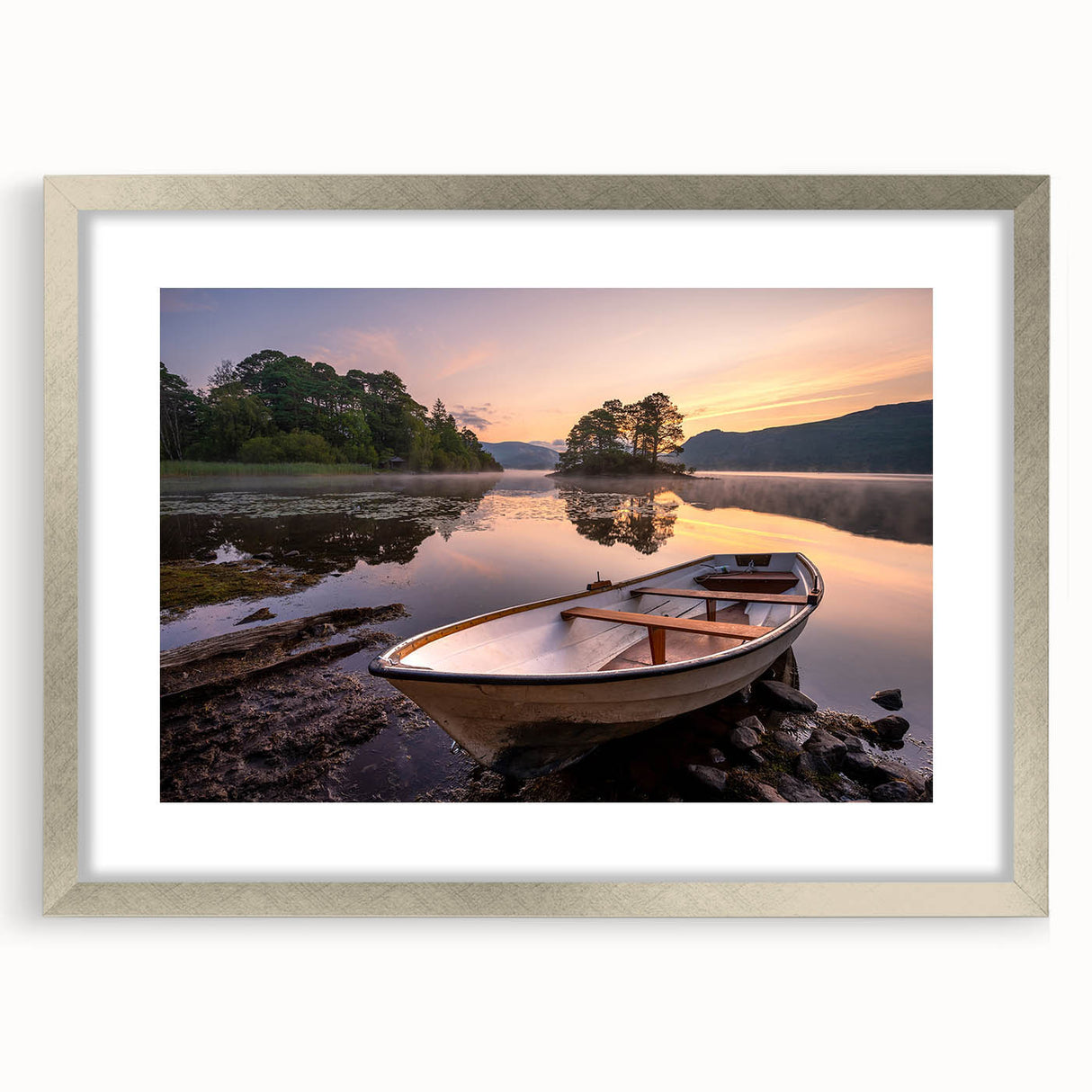Extra large abstract art print of a textured European landscape in muted earth tones, framed in silver.