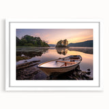 Textured abstract art print of Cumbria landscape in muted earth tones, framed with a white mat, ideal for bedroom art.