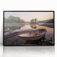 Large abstract wall art depicting a serene Cumbrian landscape in muted earth tones, framed in black acrylic.