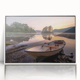 Mid-century modernist art of Cumbria landscape in acrylic, framed in white, with muted earth tones.