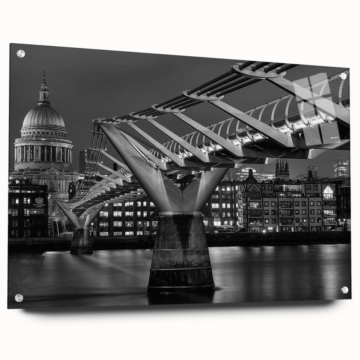 Acrylic print of a large abstract depiction of the London skyline in muted gray and blue tones.