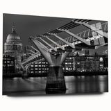 Large abstract depiction of London skyline in muted gray and blue tones on acrylic glass.