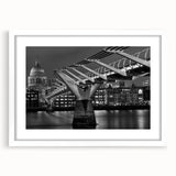 Textured art print of abstract London scenery in muted gray and blue tones, framed with a white mat.