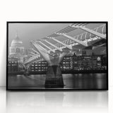 Large abstract wall art of London scenery in muted earth tones on a black framed acrylic, ideal for modern living room decor.