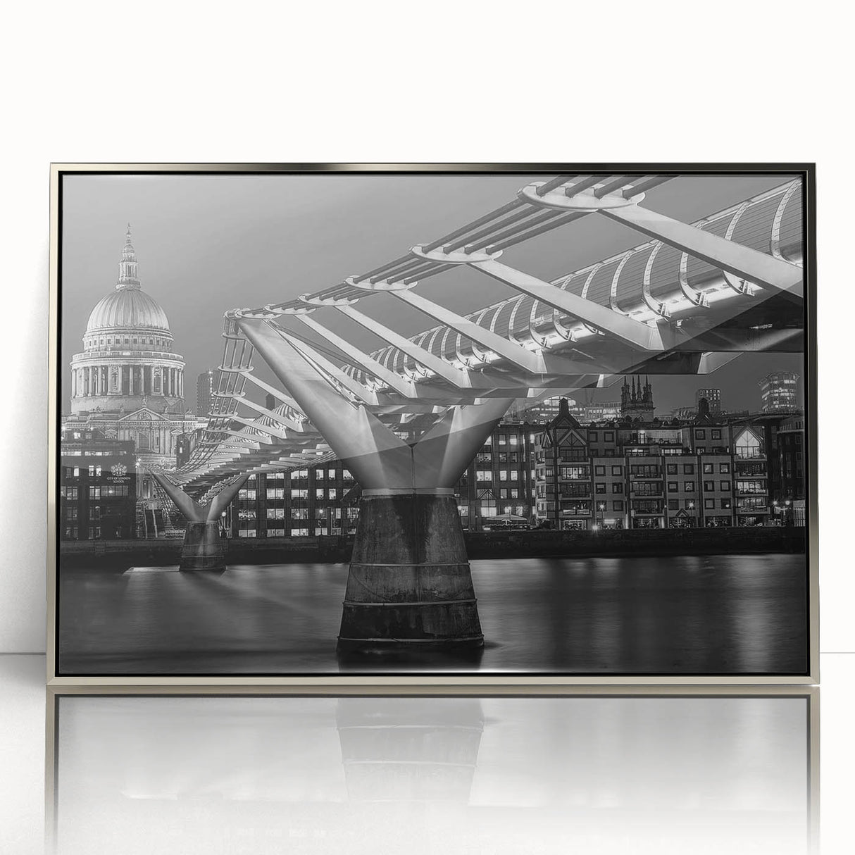 Large art print of London scenery in mid-century modernist style, acrylic framed in silver, ideal for nursery wall art.