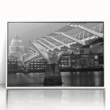 Mid-century modernist art of the London skyline in muted colors on a framed acrylic, suitable for nursery wall decor.