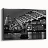 Black and white wall art of a vintage London landscape on framed canvas, ideal for bedroom decor.